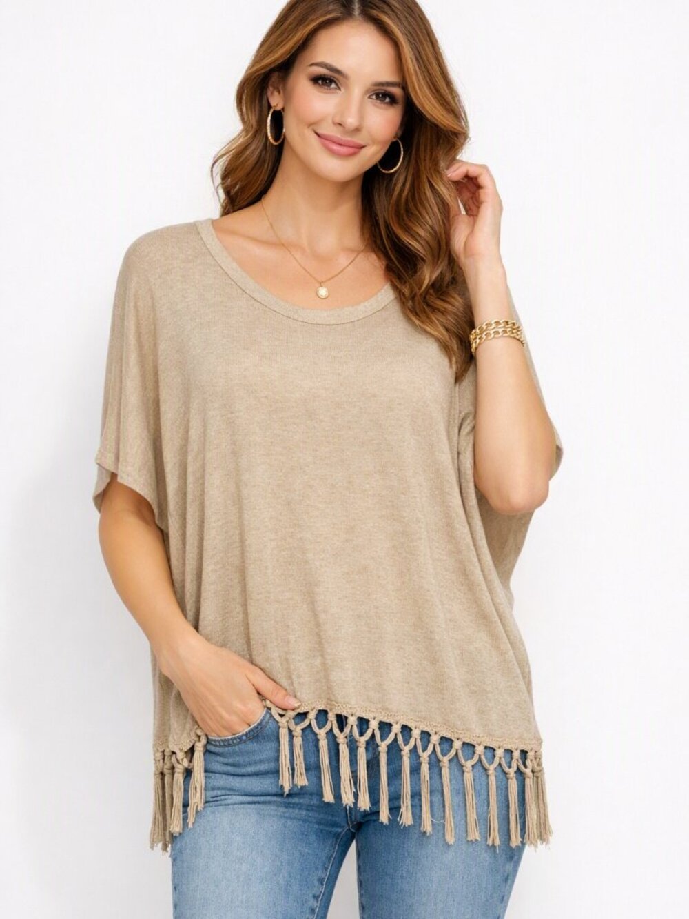 Esperanza Beige Tan Fringe Tunic Poncho Top L Boho Lightweight Sheer